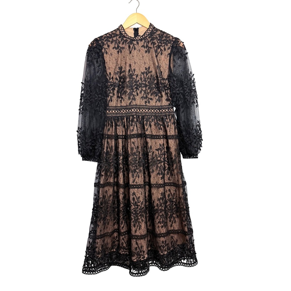 Ivy City Co Black Floral Lace Midi Dress Tan Lining Puff Sleeve Small Occasion